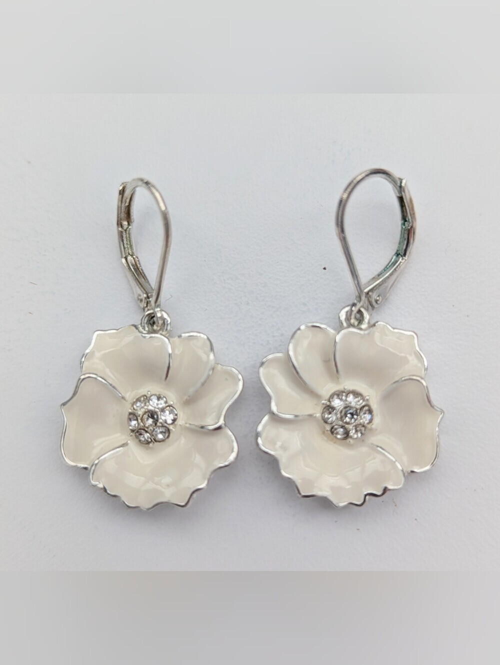 Vintage Swarovski Cream Enamel Flower Drop Dangling Earrings w/Crystal Centers